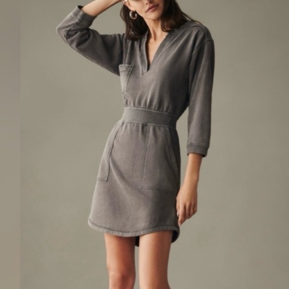 NWT Anthropologie Daily Practice Utility Mini Sweatshirt Dress Faded Black Sz XS